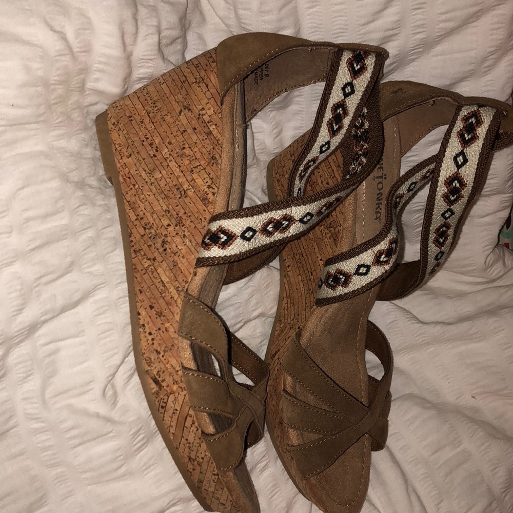 brown and white wedge heel
